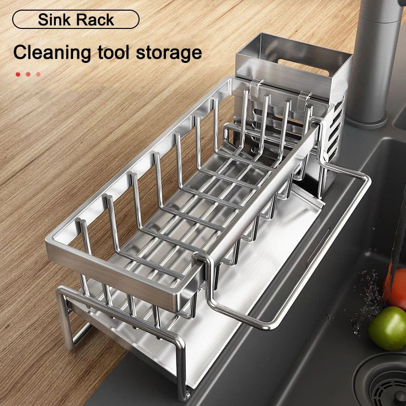 Stainless Steel Sink Caddy with Bar Basket – Sponge & Cleaning Tool Organiser