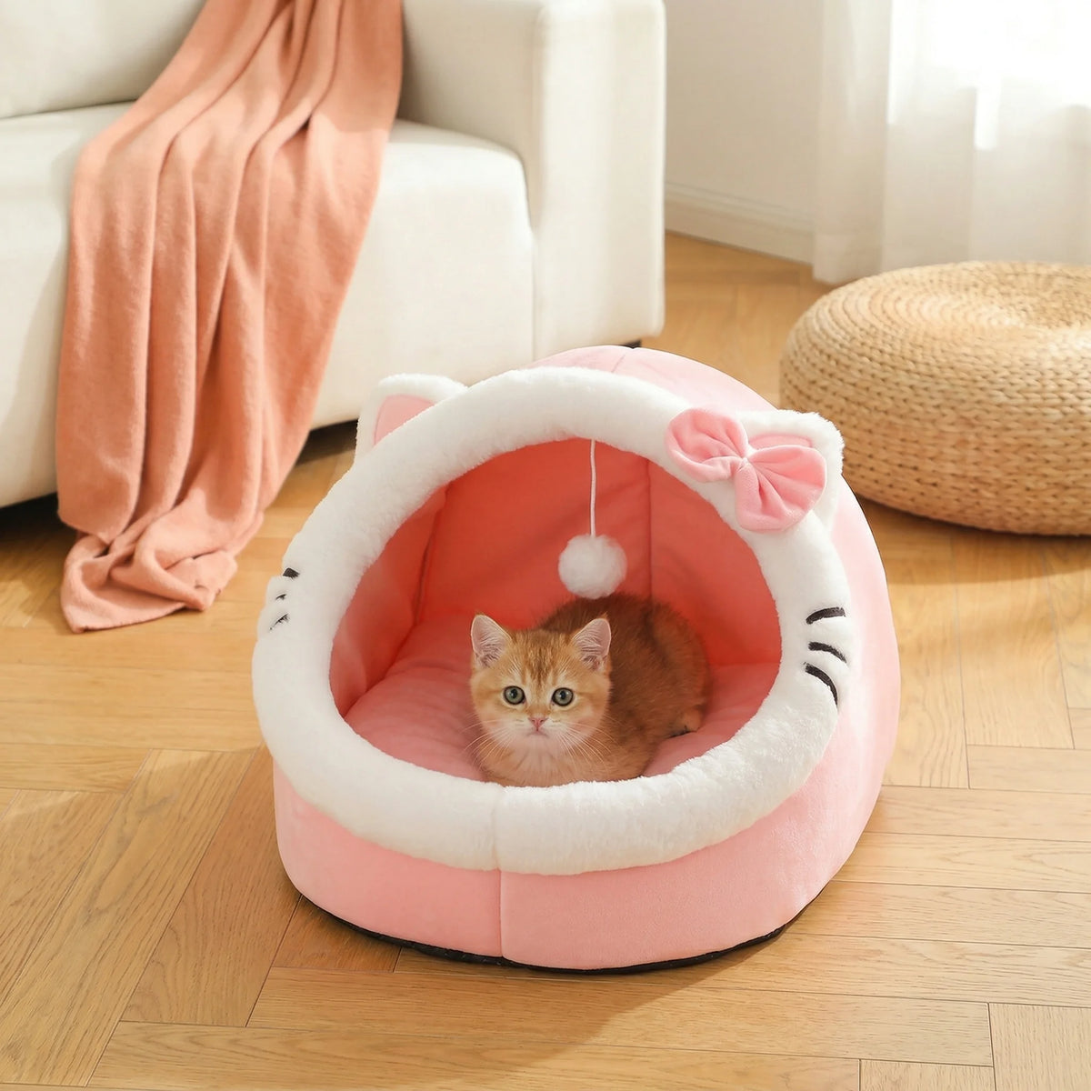 Animal Ear Cave Cat Bed | Plush | High-Resilience Core | Detachable Washable Cushion | Pompom Toy | 3 Sizes