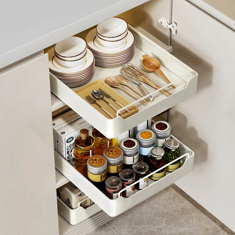 Pull-Out Cabinet Drawer Organizer with Slide Rails – No Drilling, 5 Sizes
