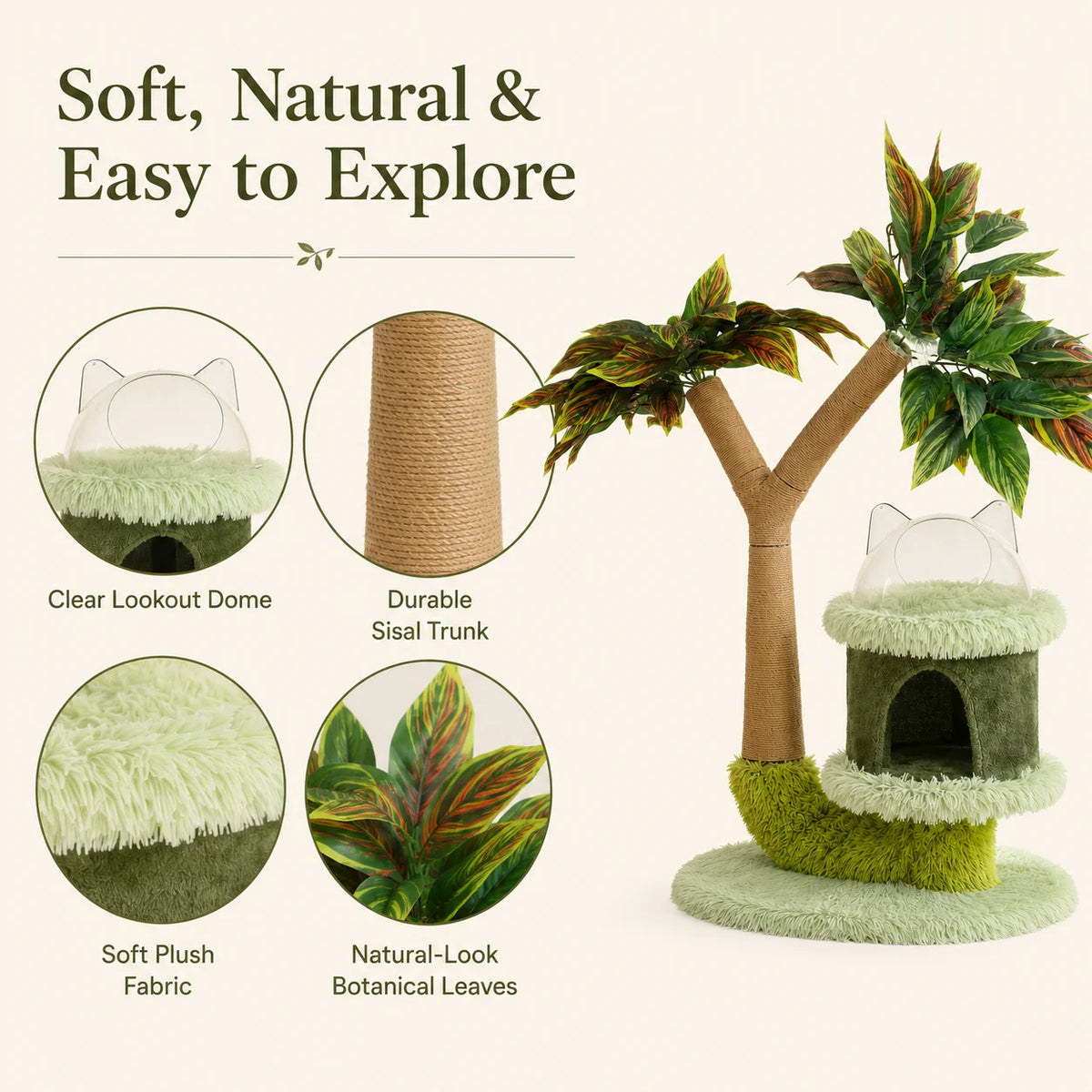 Mango Tree Cat Tree | Double-Tier | Natural Sisal Scratching Post | Jump Platform & Top Perch | Green