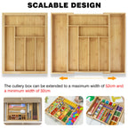 Expandable Bamboo Cutlery Tray – 6–8 Compartment Kitchen Drawer Organiser, 32–52cm