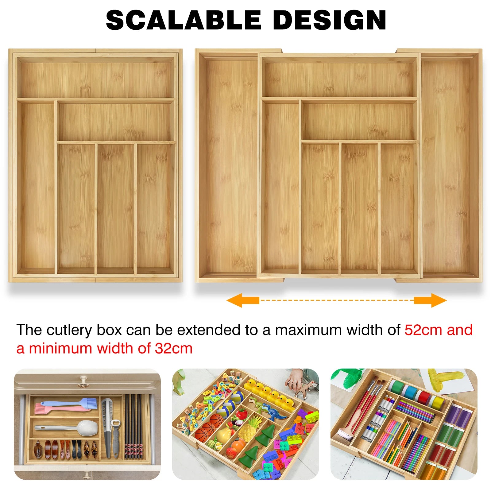 Expandable Bamboo Cutlery Tray – 6–8 Compartment Kitchen Drawer Organiser, 32–52cm