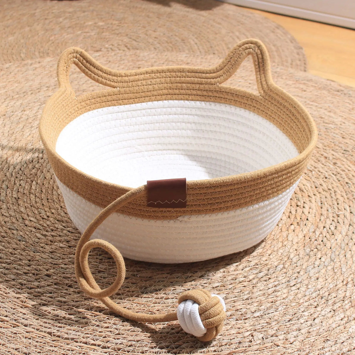 Handwoven Cotton Rope Cat Basket | Cat Ear Handles | Ball Toy Included | 3 Sizes