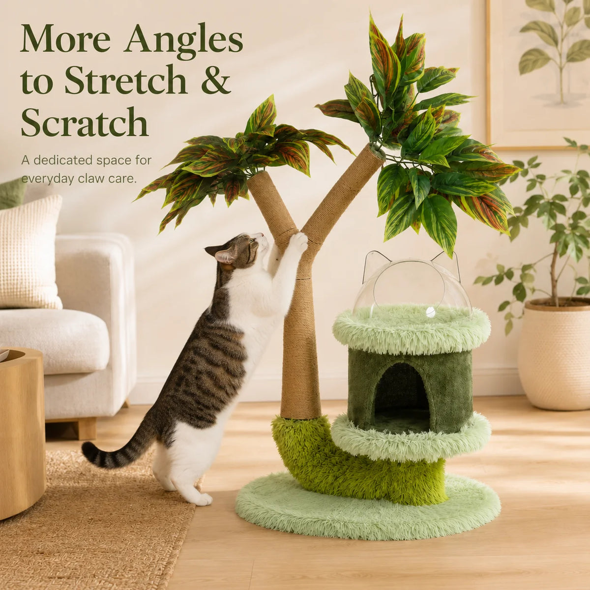 Mango Tree Cat Tree | Double-Tier | Natural Sisal Scratching Post | Jump Platform & Top Perch | Green