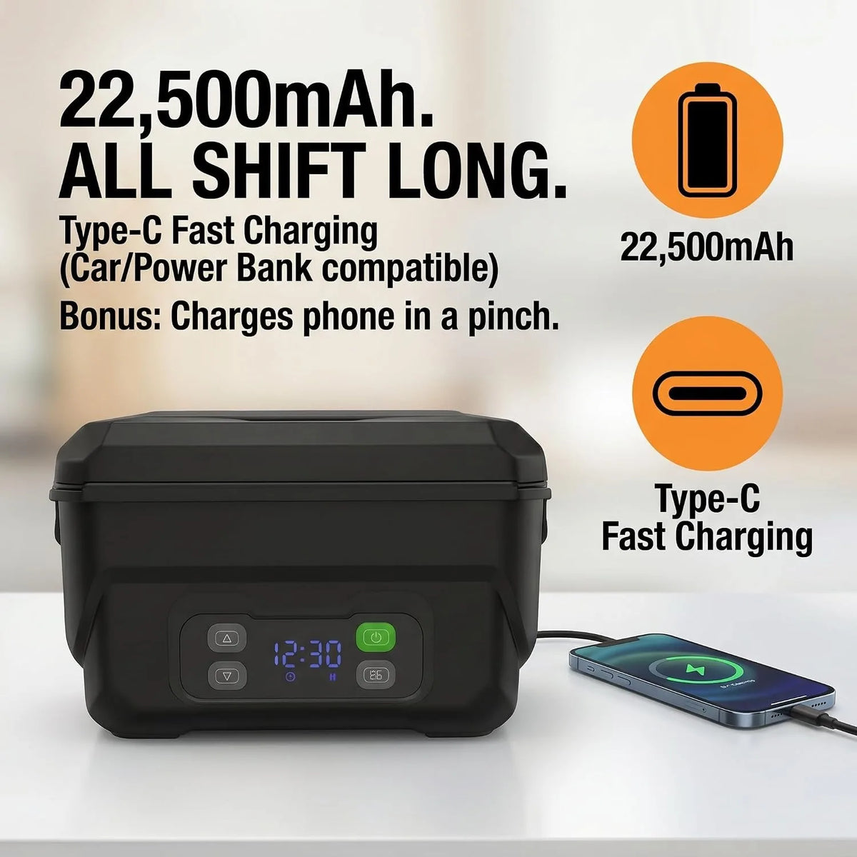 Electric Heating Lunch Box 1500ml | USB Rechargeable | Display Screen & Timer | Stainless Steel
