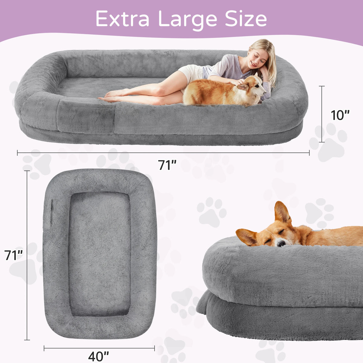 Oversized Human Dog Bed | Faux Fur | Waterproof Liner | Non-Slip | Side Pocket | Removable Cover