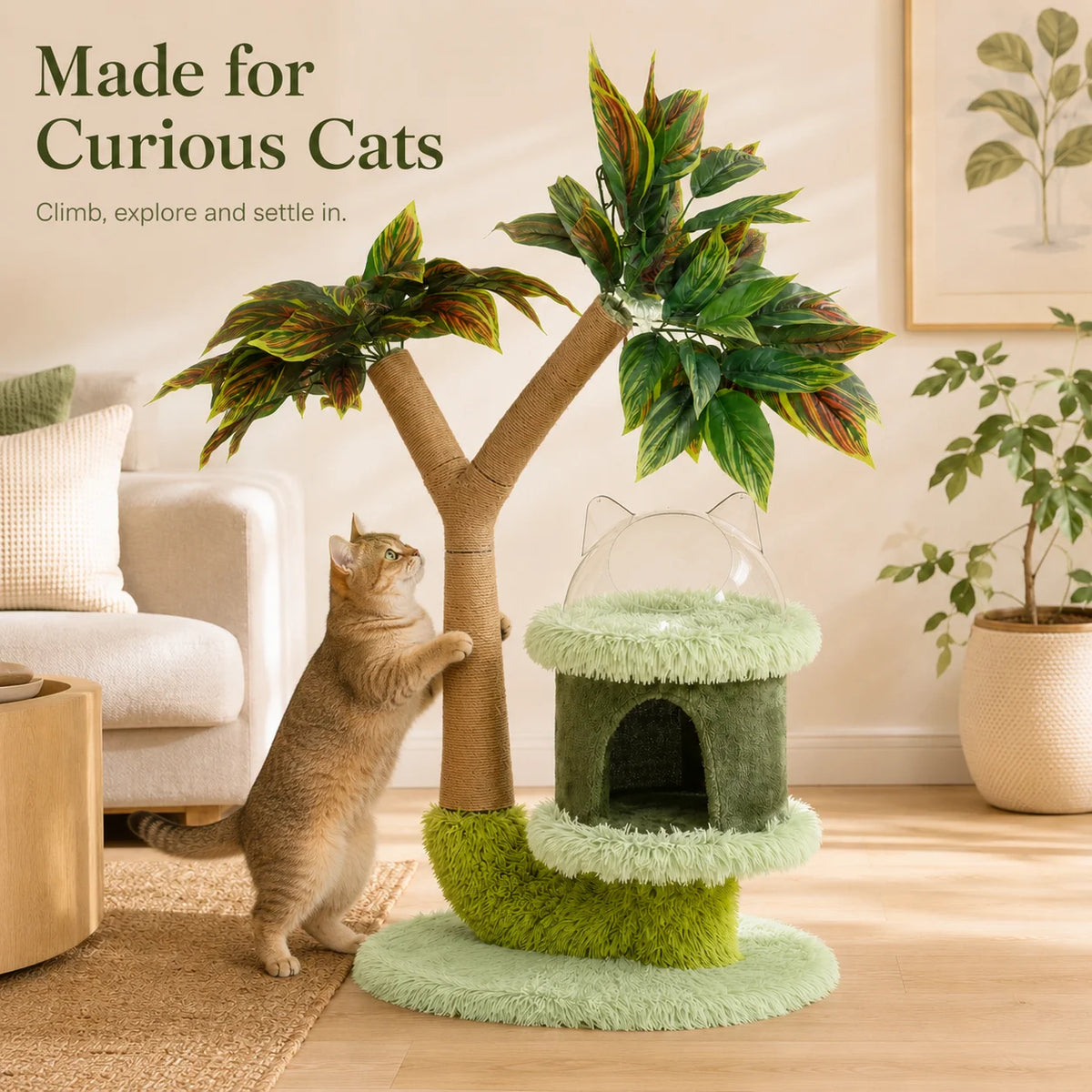 Mango Tree Cat Tree | Double-Tier | Natural Sisal Scratching Post | Jump Platform & Top Perch | Green