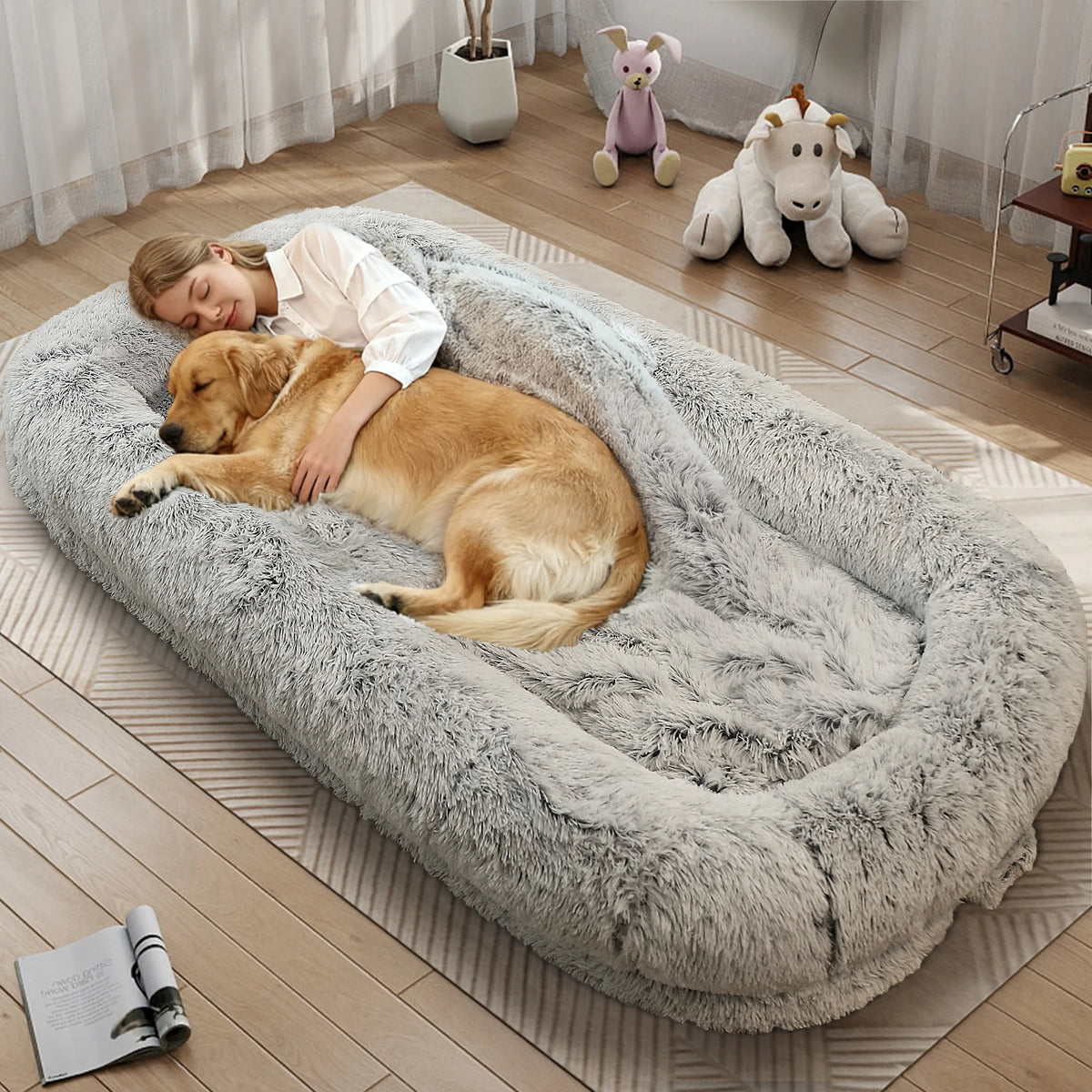 Oversized Human Dog Bed | Faux Fur | Waterproof Liner | Non-Slip | Side Pocket | Removable Cover