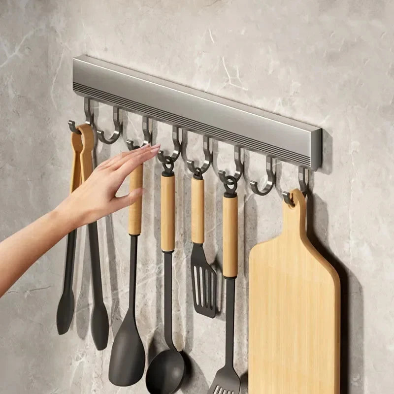 Wall-Mounted Aluminium Hook Rack – 4, 6, 8, or 10 Hooks for Kitchen & Bathroom