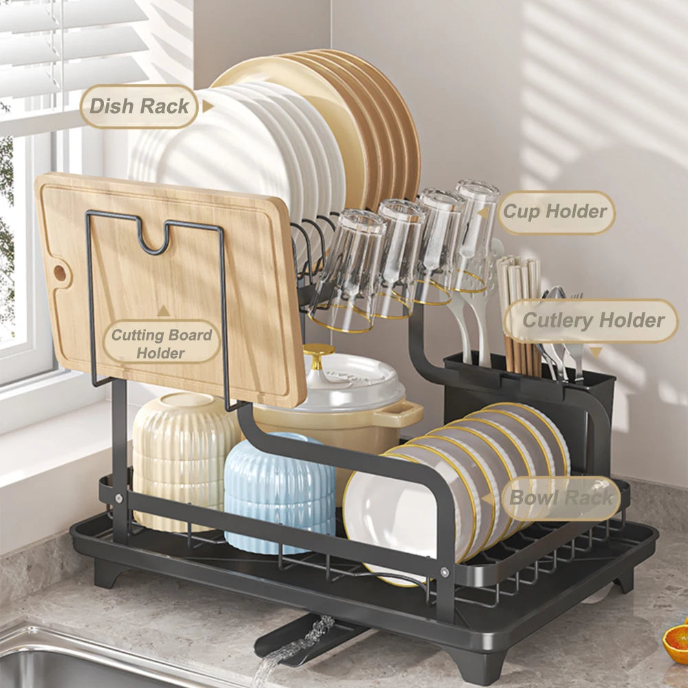 2-Tier Over-the-Sink Dish Drying Rack – Carbon Steel with Auto-Drain Board & Utensil Holder