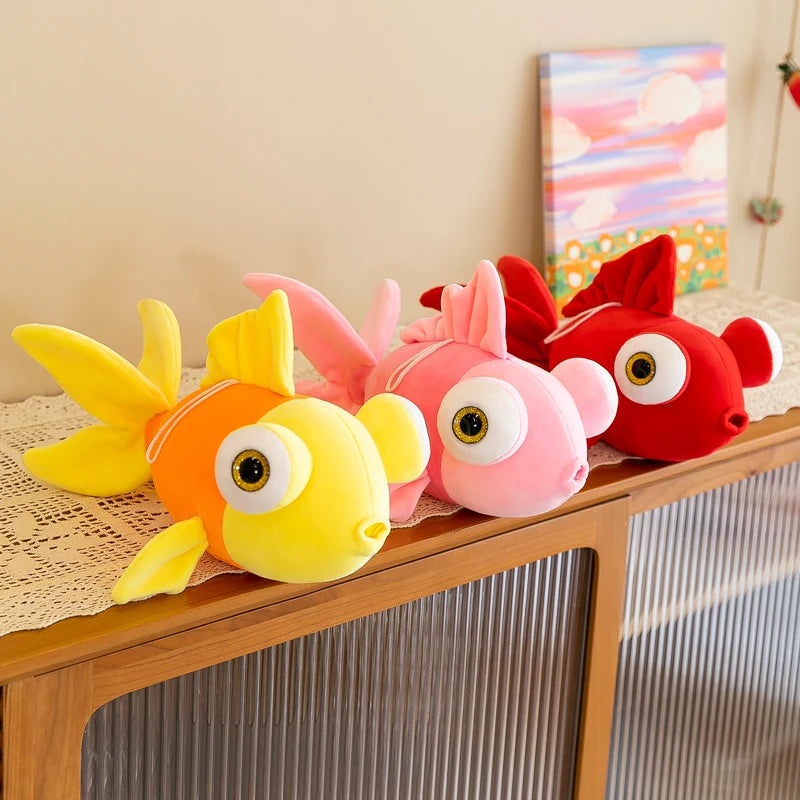 Kawaii Chubby Goldfish Plush Pillow | Giant 3D Protruding Gold Eye | Solid Colour Velvet Body | Yellow, Red & Pink | 35cm, 70cm & 100cm