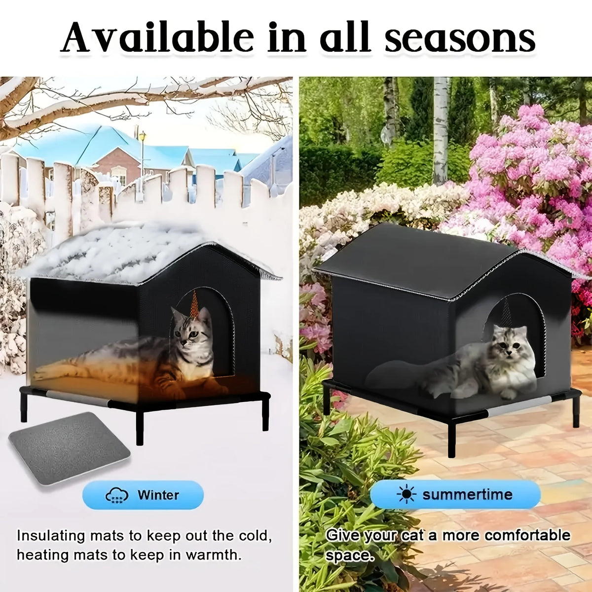 Insulated Cat House with Raised Stand and Cushion