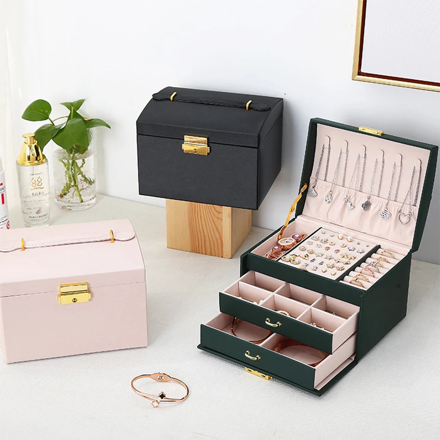 Three-Layer Locking Jewellery Box with Arch Lid – Faux Leather, Velvet Interior, 4 Colours