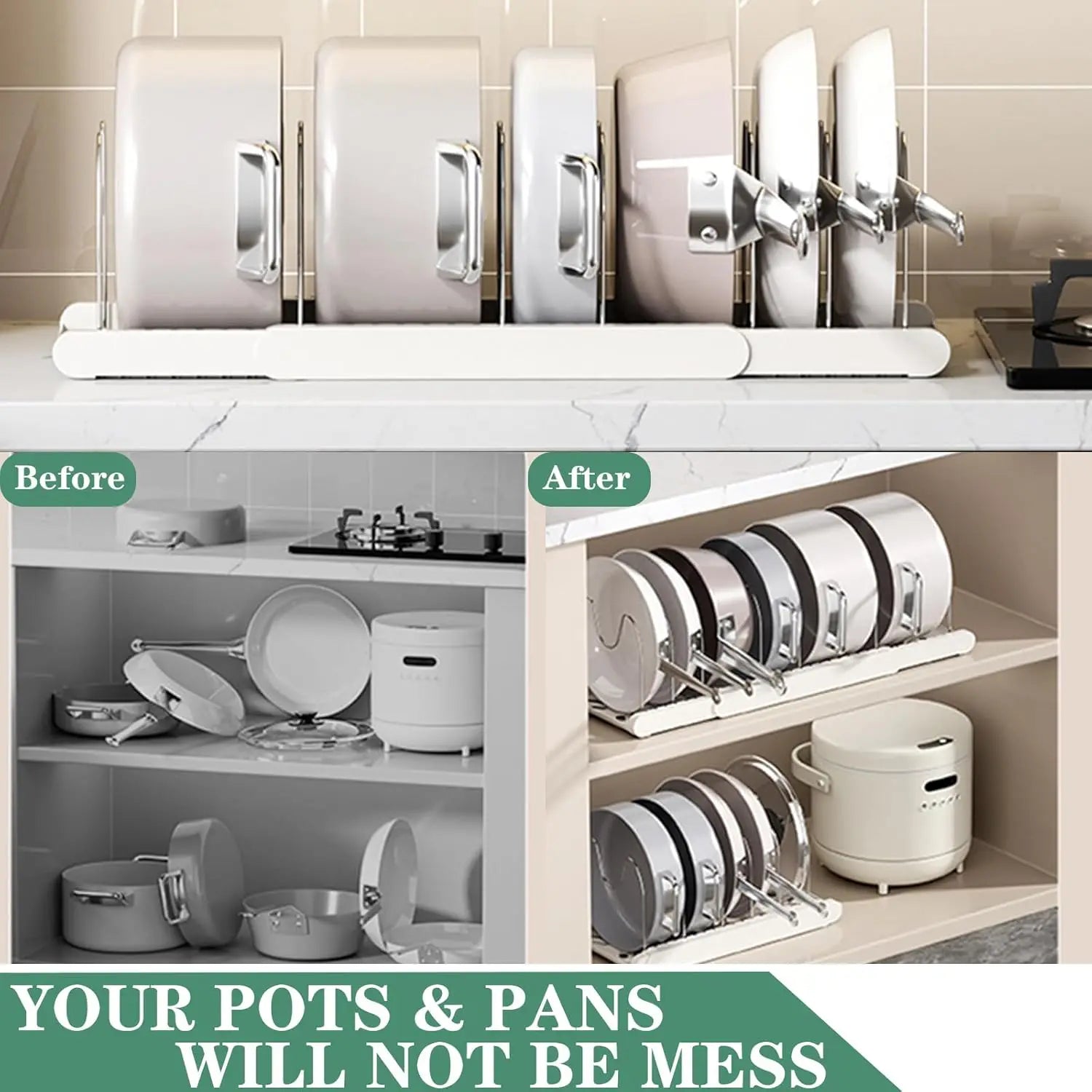 Expandable Pan and Lid Organiser Rack – Adjustable Kitchen Cabinet Storage