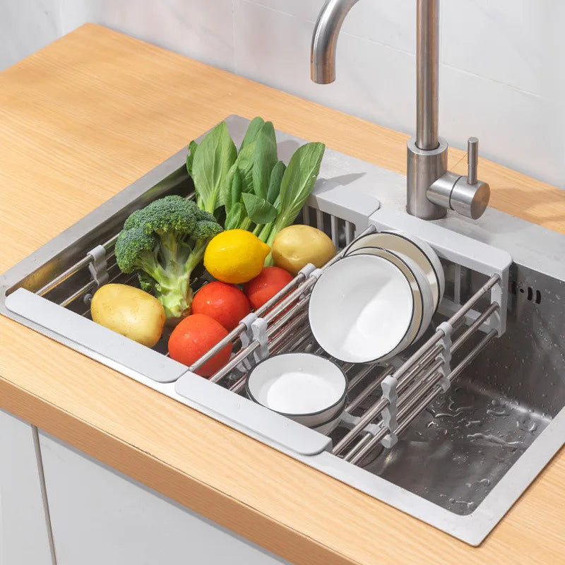 Adjustable Stainless Steel Sink Drain Rack – Over-Sink Utensil & Produce Storage