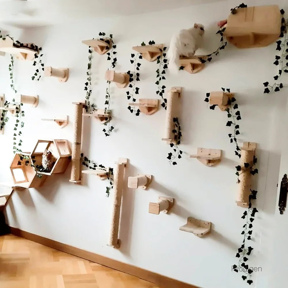 Wall-Mounted Wooden Cat Climbing Shelves – Modular Platforms, Scratching Posts & Hammock