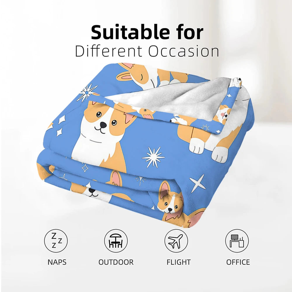 Blue Corgi Dog Fleece Throw Blanket for Sofa, Bed & Travel