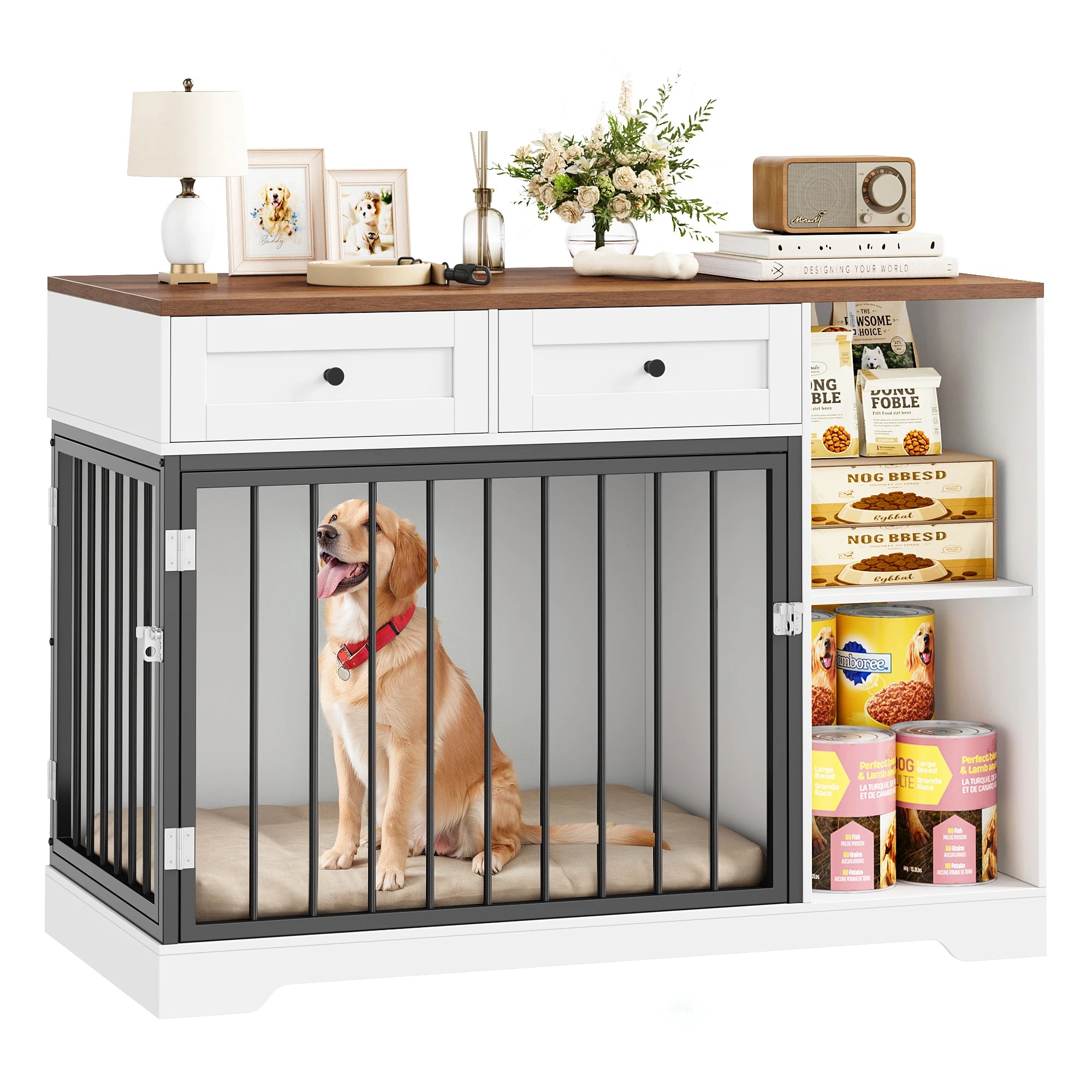 Wooden Dog Crate Furniture Cabinet – 120cm XXL Indoor Kennel with Drawers & Compartments