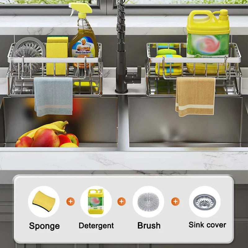 Stainless Steel Sink Caddy with Bar Basket – Sponge & Cleaning Tool Organiser