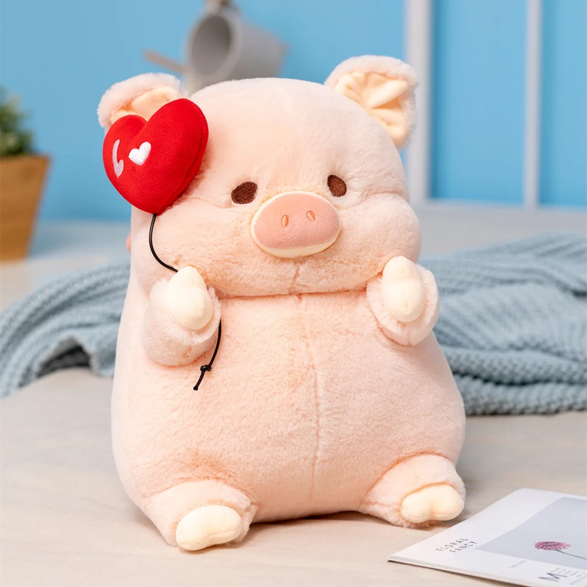 Kawaii Angel Pig Plush | Chubby Round Body | Red Angel Wings & Heart Balloon | Soft Fluffy Pile | 20cm & 30cm