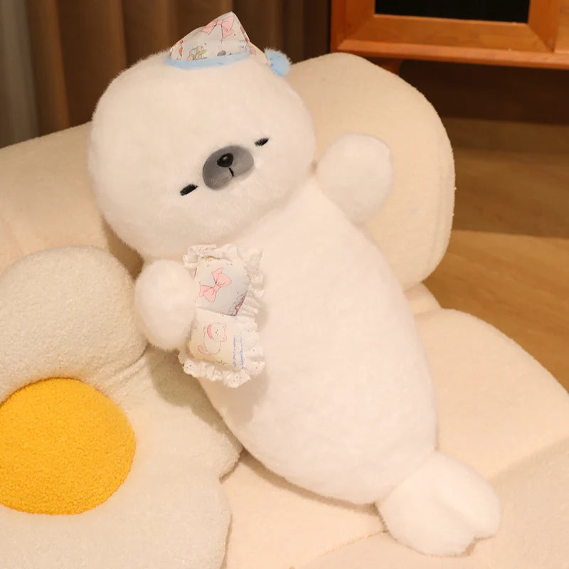 White Seal Plush Pillow – Long, Fluffy Animal Cushion