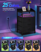Bedside Table with LED Lights, Charging Station & 3 Fabric Drawers – Black, White or Rustic Brown