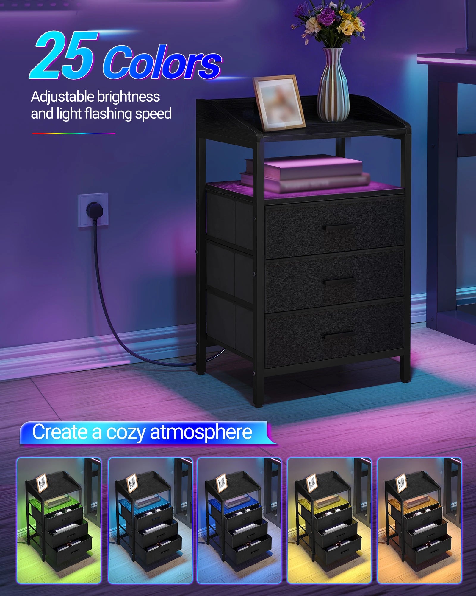 Bedside Table with LED Lights, Charging Station & 3 Fabric Drawers – Black, White or Rustic Brown