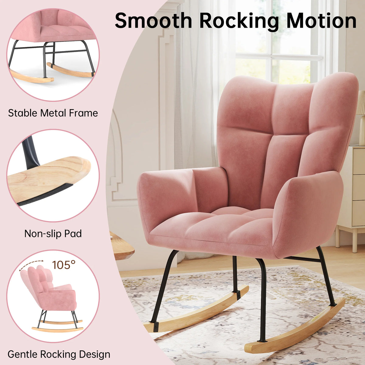 High Back Nursery Rocking Chair | Metal Frame | Sherpa Cover | Anti-Tip | 10-Min Assembly | 4 Colours