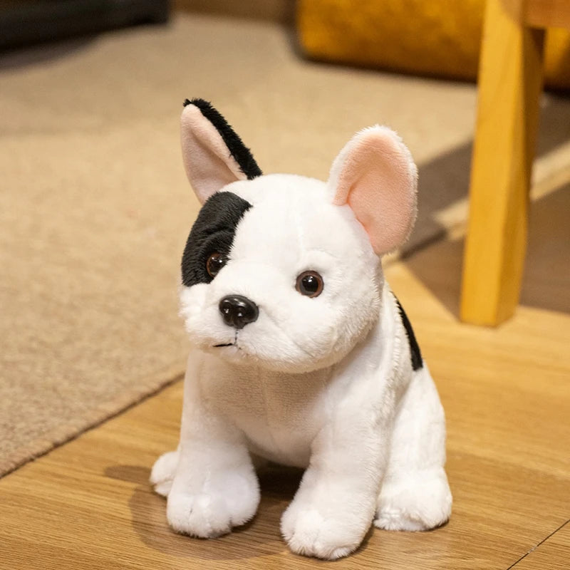 Lifelike French Bulldog Plush Stuffed Toy | White & Black Pied | Upright Bat Ears | Seated Pose | 20cm