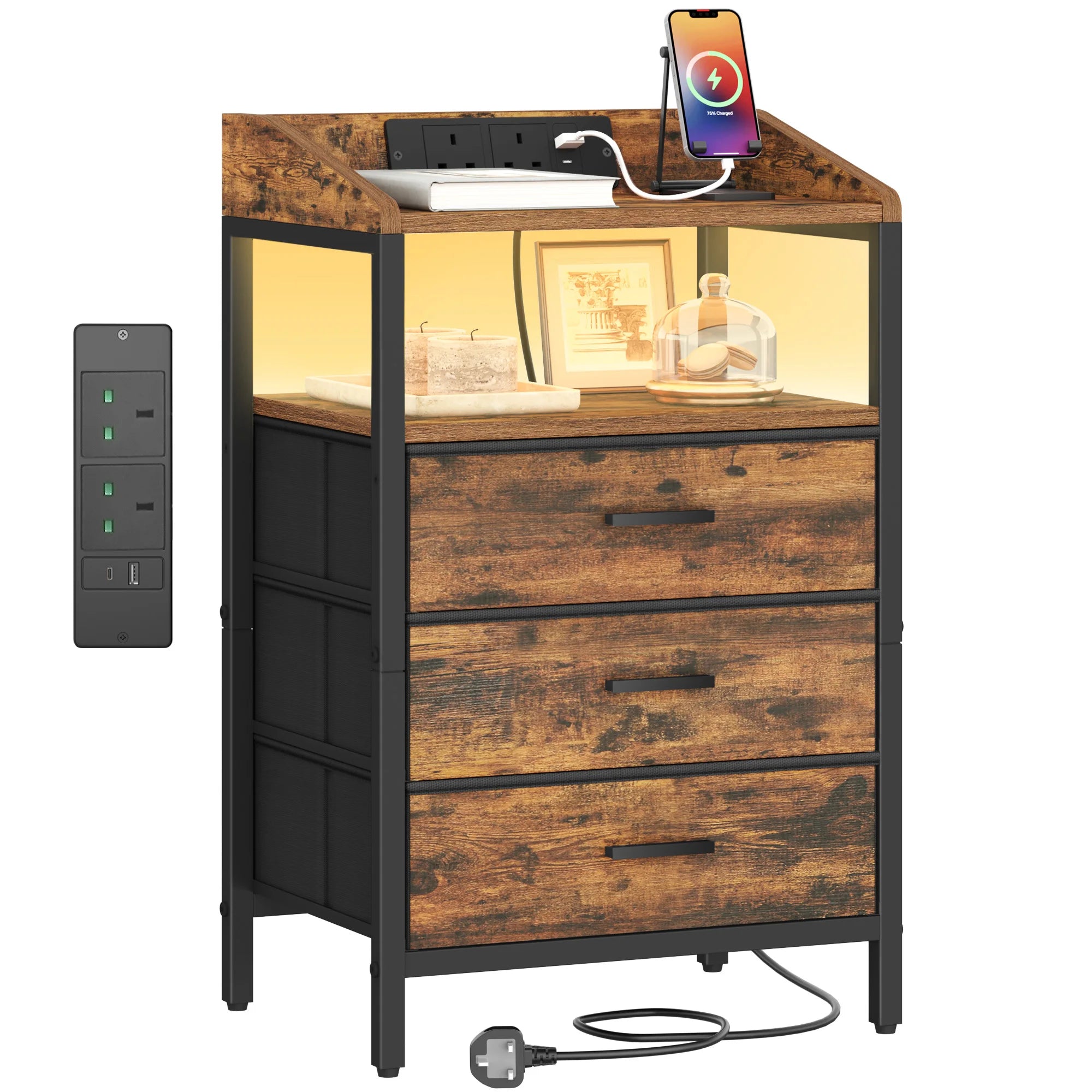 Bedside Table with LED Lights, Charging Station & 3 Fabric Drawers – Black, White or Rustic Brown