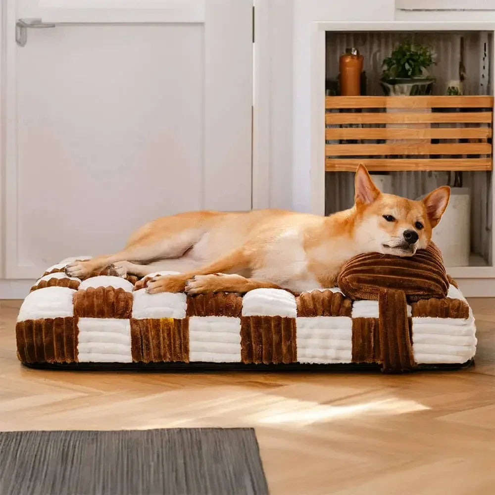 Orthopedic Dog Bed | Corduroy Plaid | High-Density Foam | Pillow Included | 2 Sizes