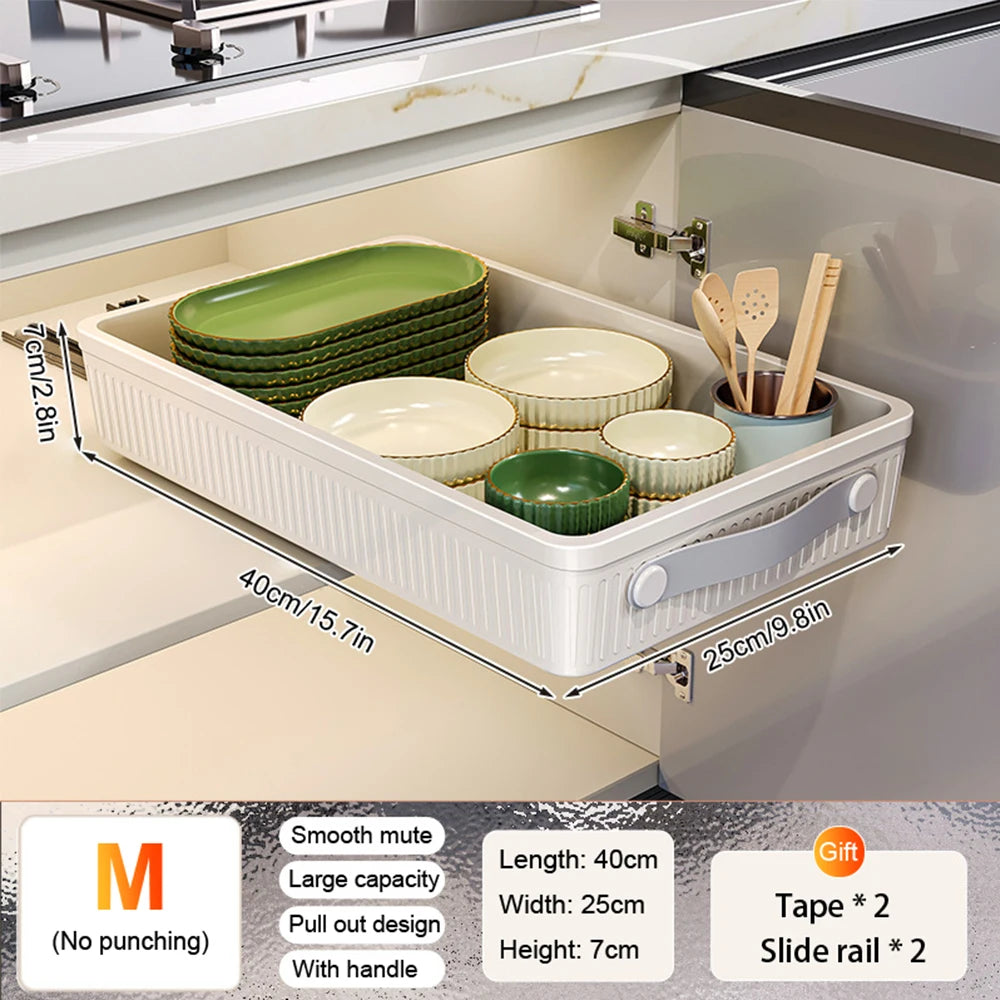 Pull-Out Cabinet Storage Tray with Slide Rails – Kitchen Sliding Drawer Organiser, M or L