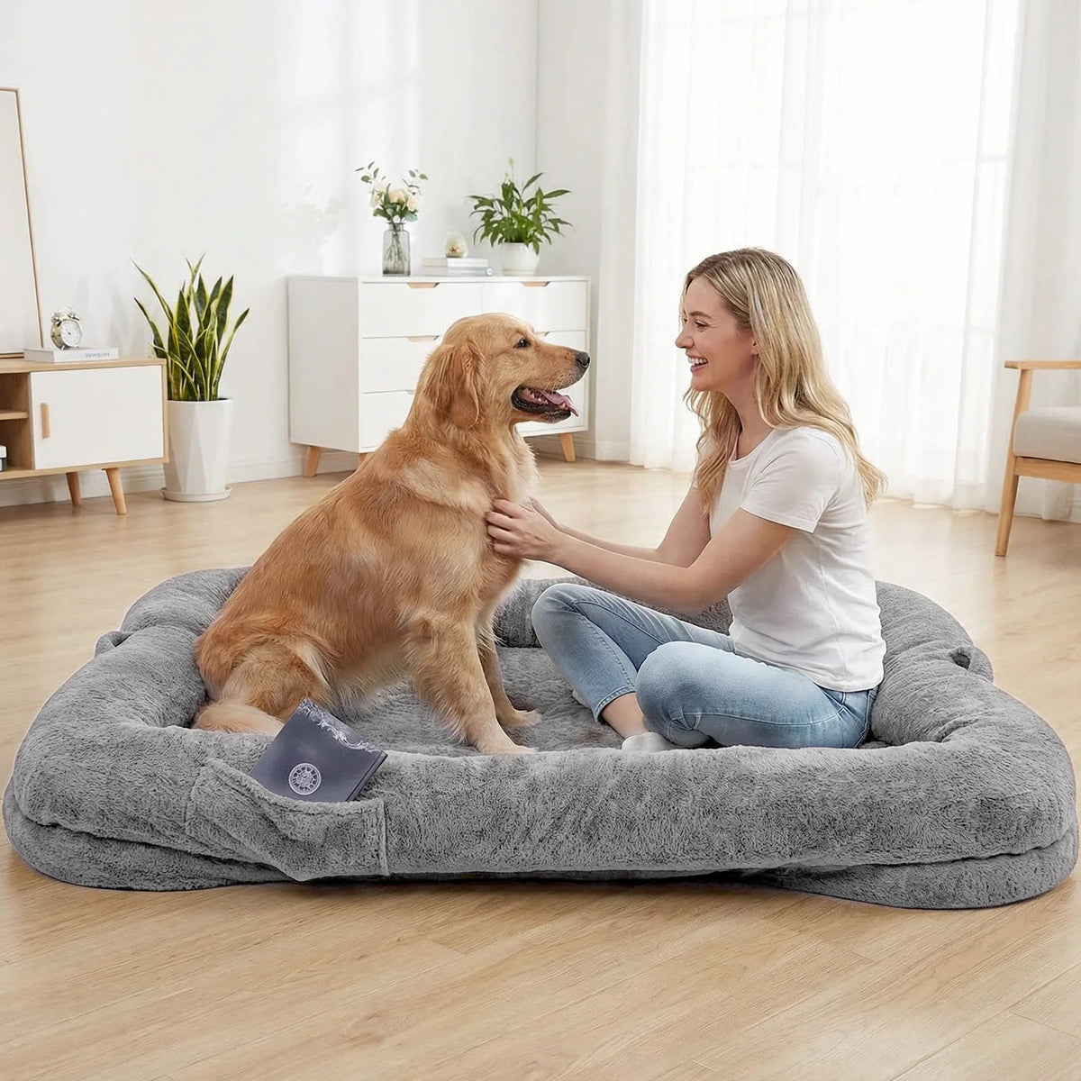 Giant Human Dog Bed | Faux Fur | Zippered Washable Cover | Non-Slip | Blanket & Storage Pocket Included | 180×120×30cm