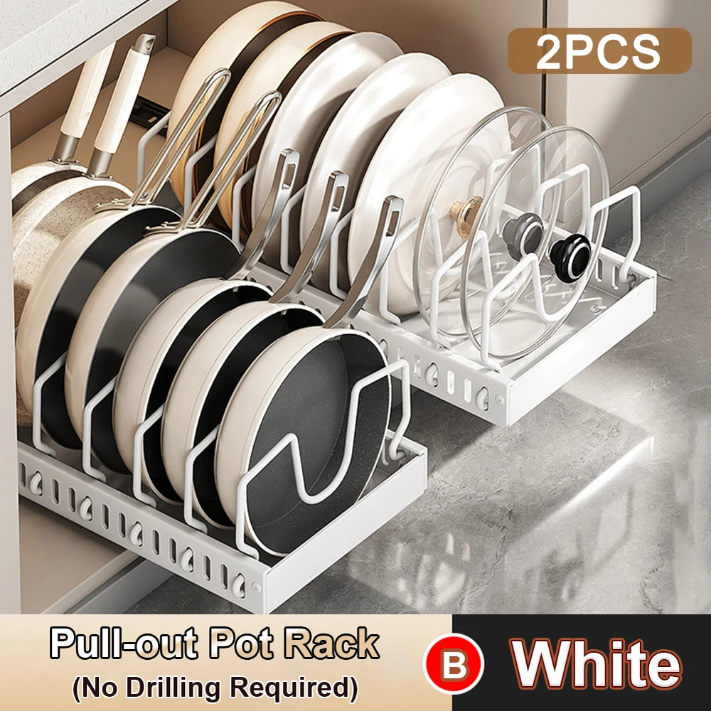 Pull-Out Pot and Pan Organiser with Sliding Rails – 8 Adjustable Compartments
