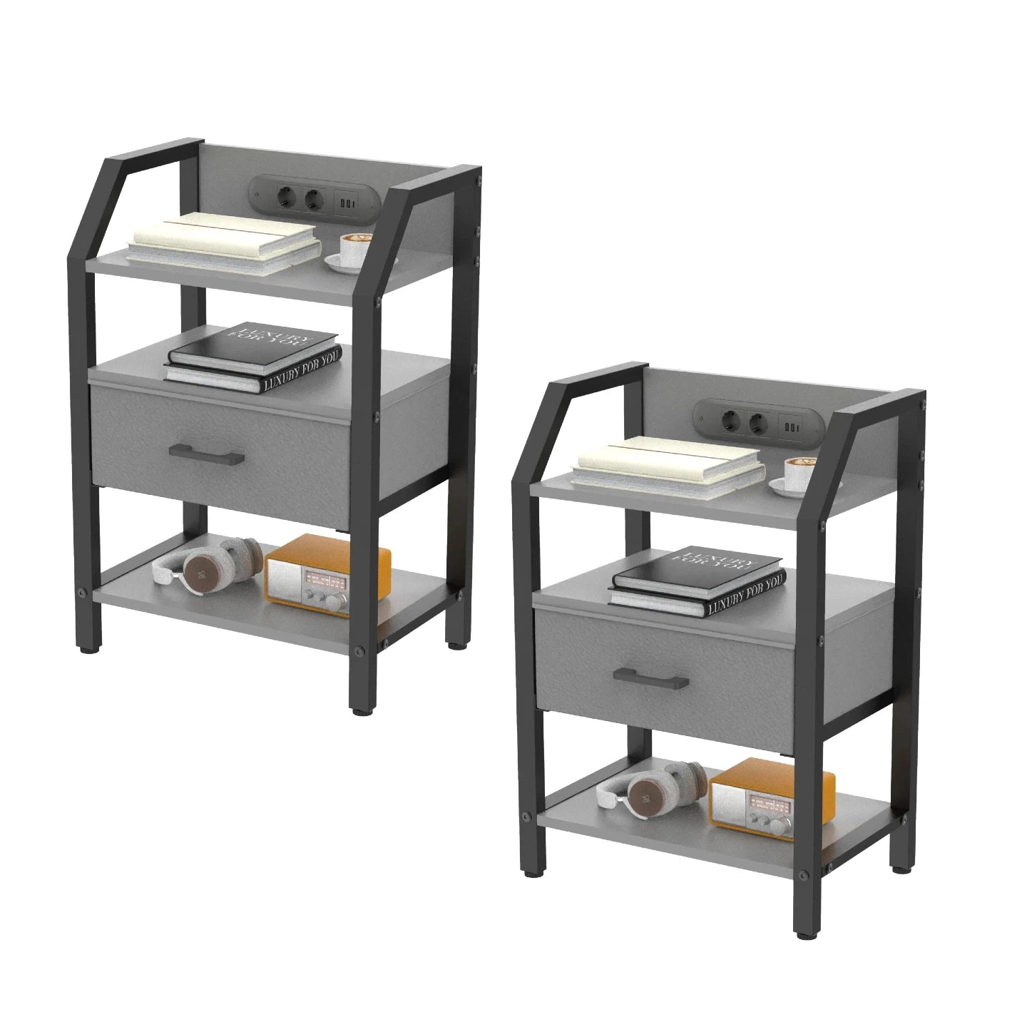 3-Tier Bedside Table with Charging Station, LED Light & Drawers – White, Black, Brown or Grey