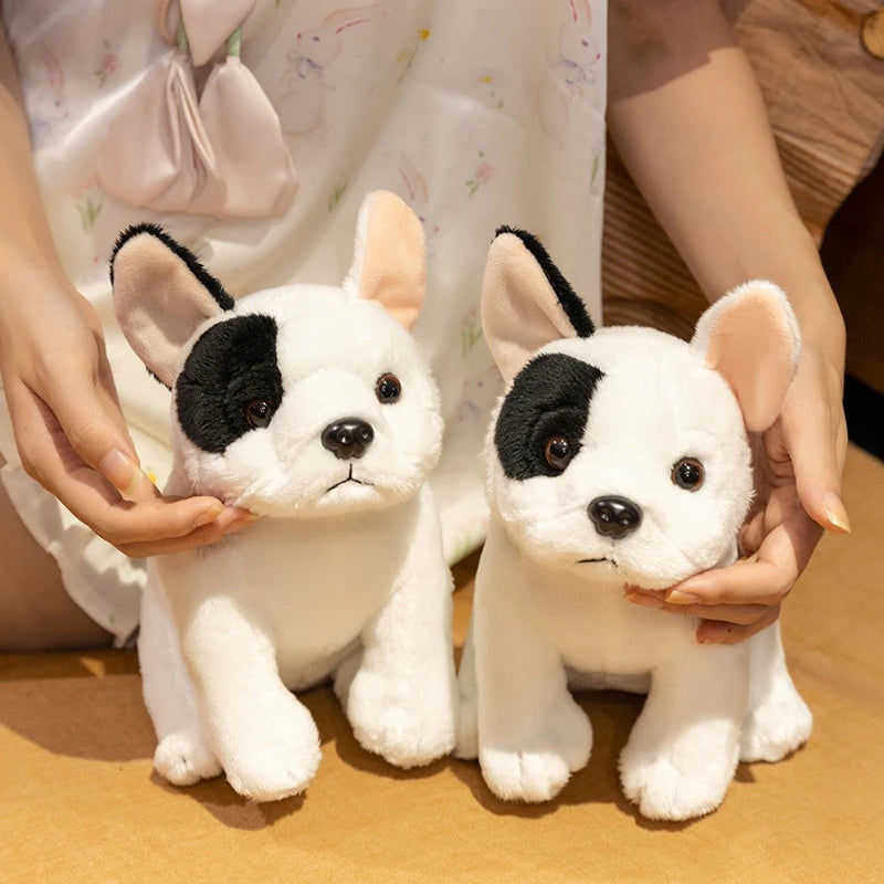 Lifelike French Bulldog Plush Stuffed Toy | White & Black Pied | Upright Bat Ears | Seated Pose | 20cm