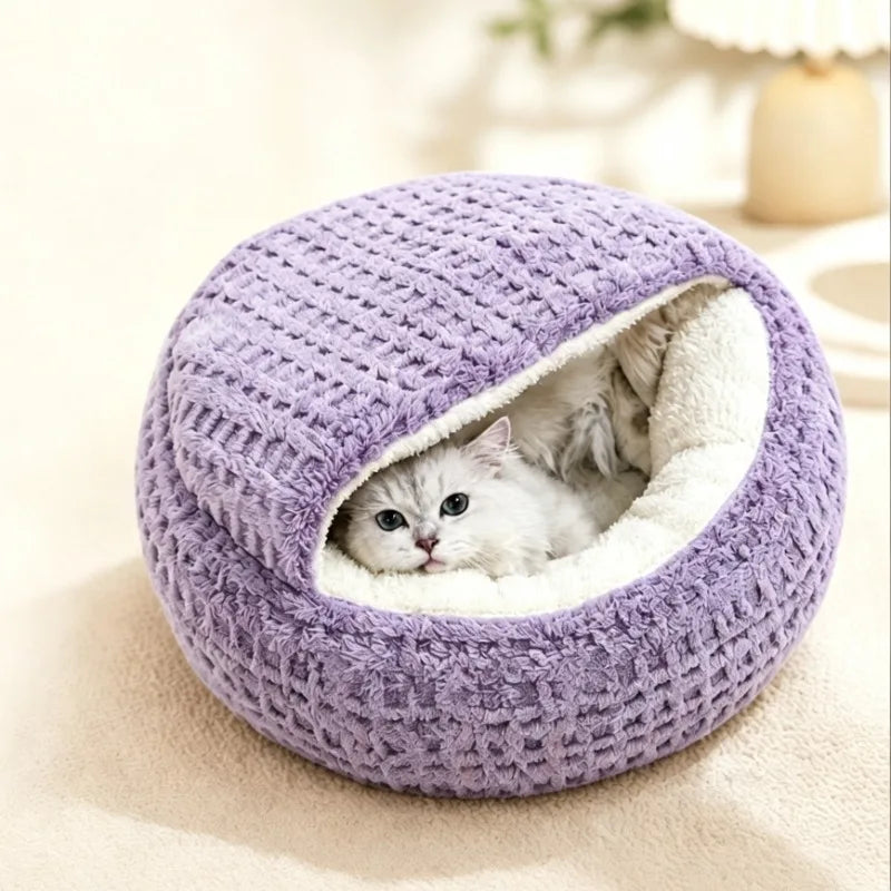Semi-Enclosed Shell Cat Bed | Plush Warm Sleeping Nest | Non-Slip | 2 Sizes