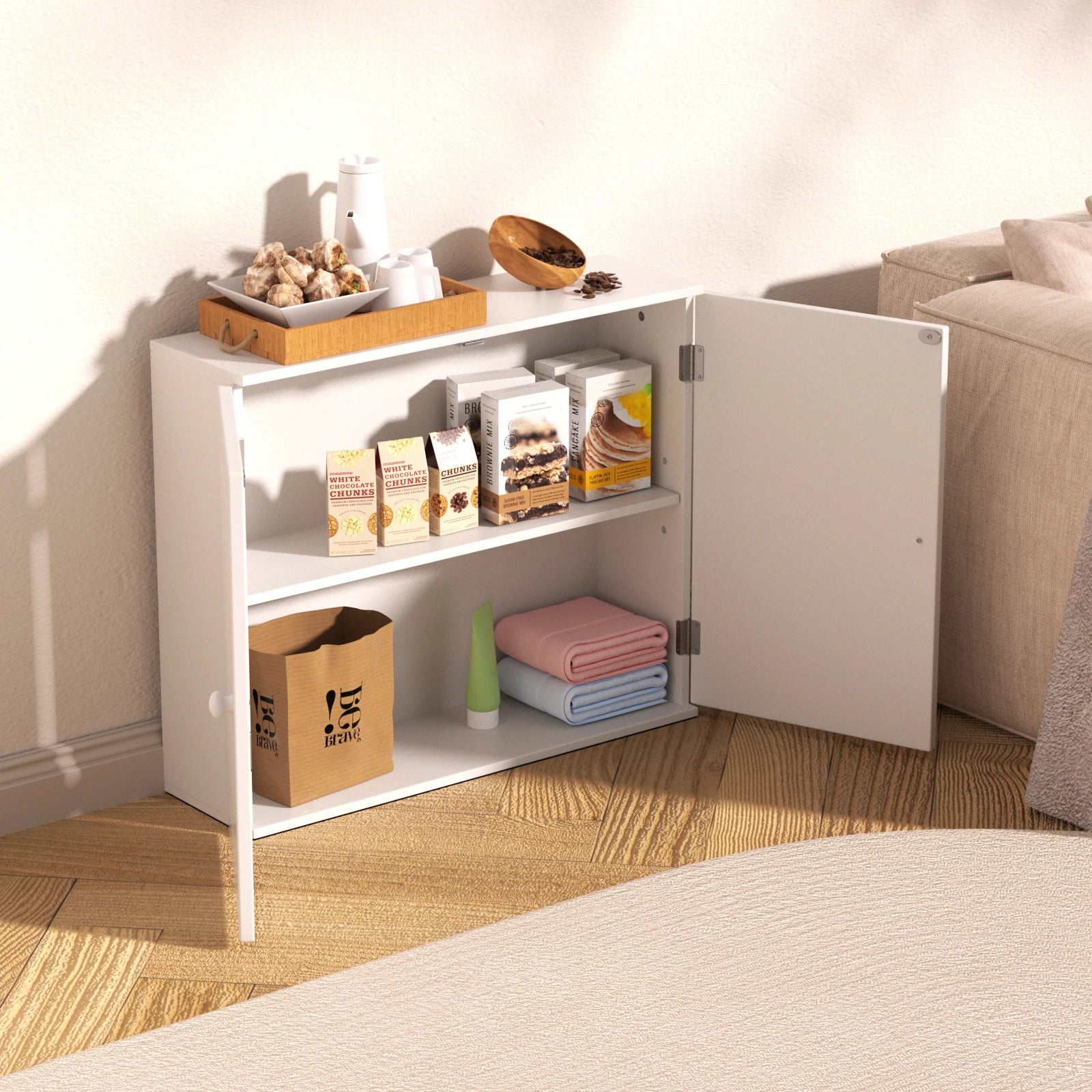 Wall-Mounted & Floor-Standing Storage Cabinet – MDF, Adjustable Shelf, White