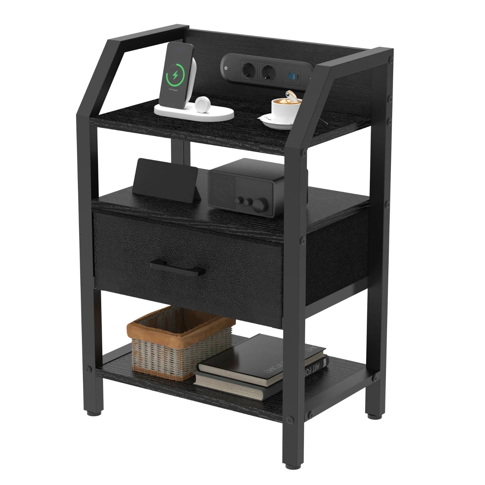 3-Tier Bedside Table with Charging Station, LED Light & Drawers – White, Black, Brown or Grey