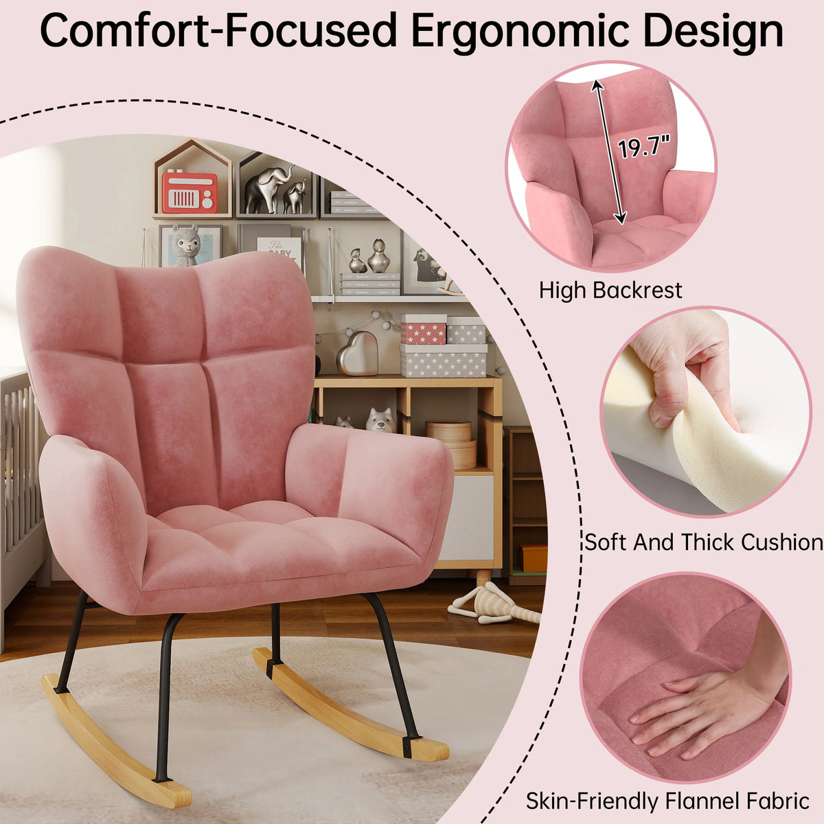 High Back Nursery Rocking Chair | Metal Frame | Sherpa Cover | Anti-Tip | 10-Min Assembly | 4 Colours