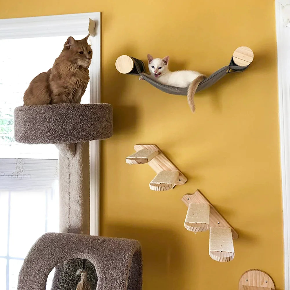 Wall-Mounted Wooden Cat Climbing Shelves – Modular Platforms, Scratching Posts & Hammock