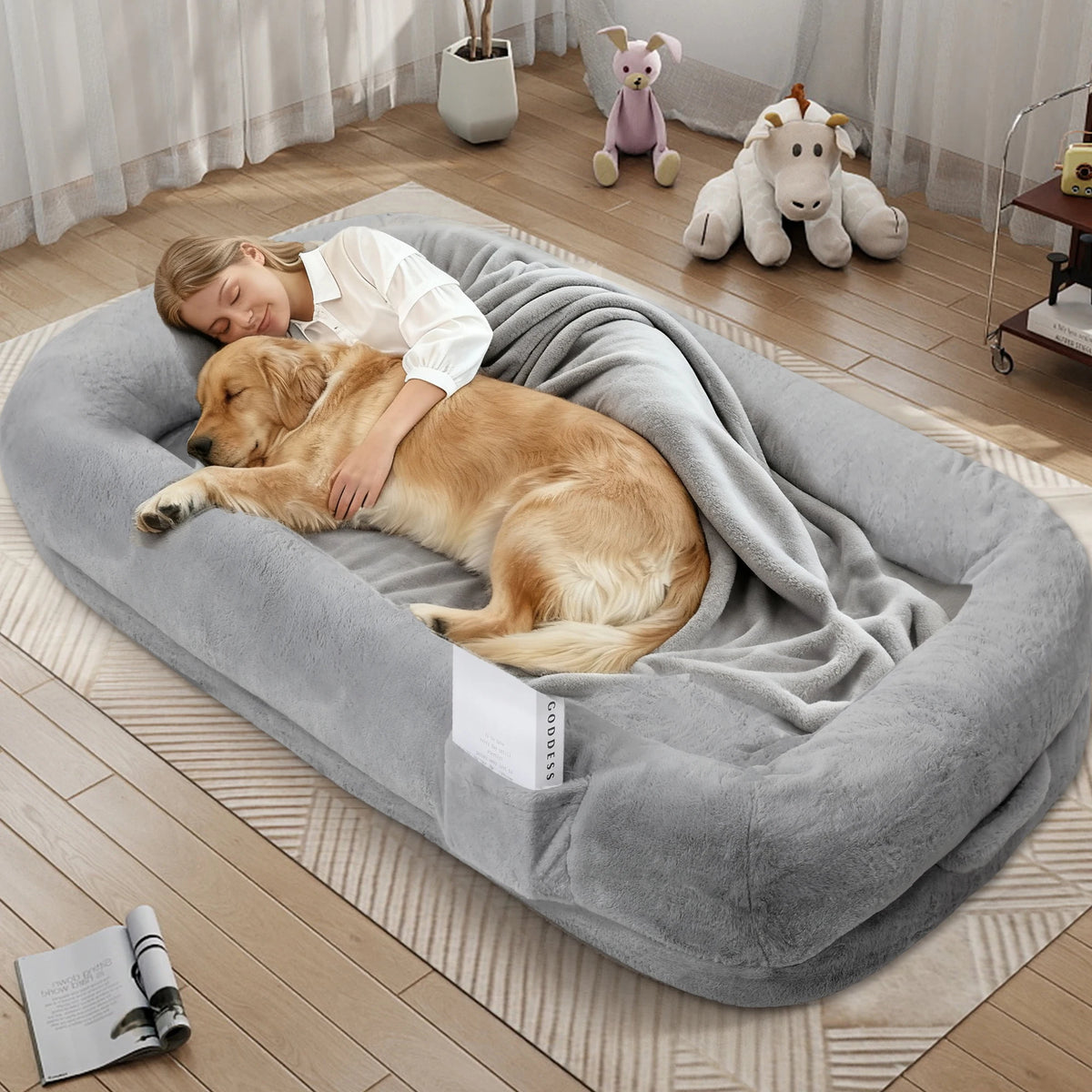 Oversized Human Dog Bed | Faux Fur | Waterproof Liner | Non-Slip | Side Pocket | Removable Cover
