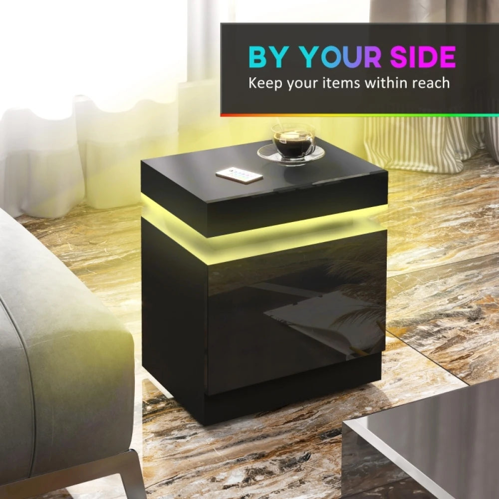 LED Lighted Nightstand with 2 Drawers – Black High Gloss Bedside Table
