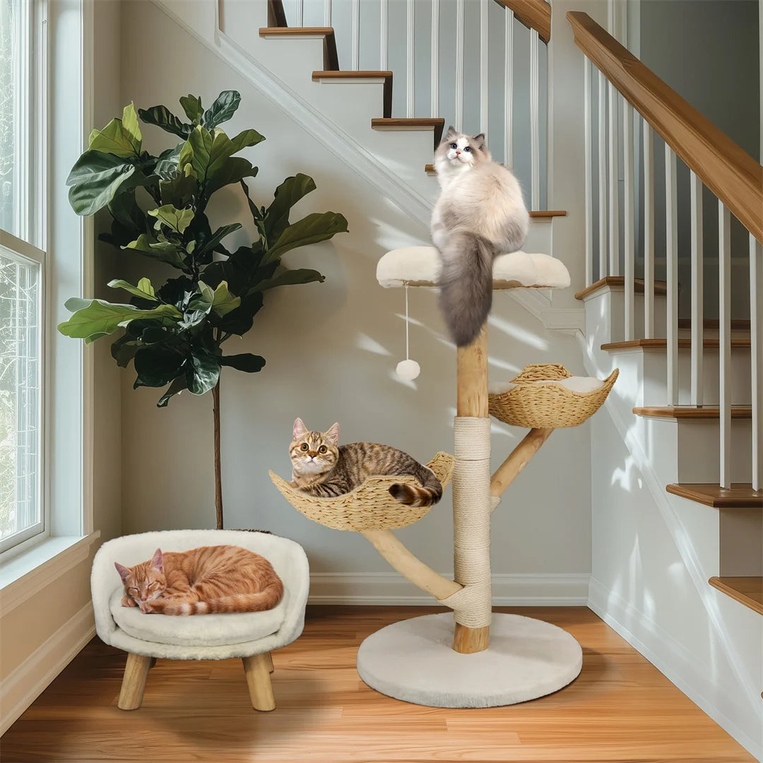 Three-Tier Cat Tree Tower | Natural Willow Wood | Sisal Scratching Post | Beige