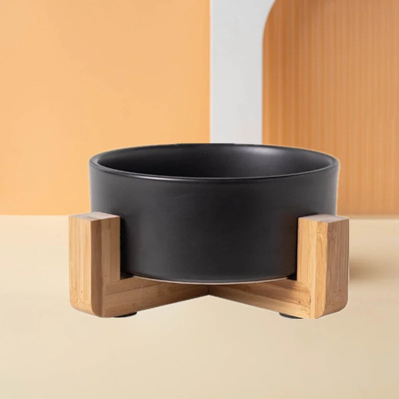 Ceramic Dog & Cat Bowl with Wooden Mat | Wide Mouth | 18 Styles
