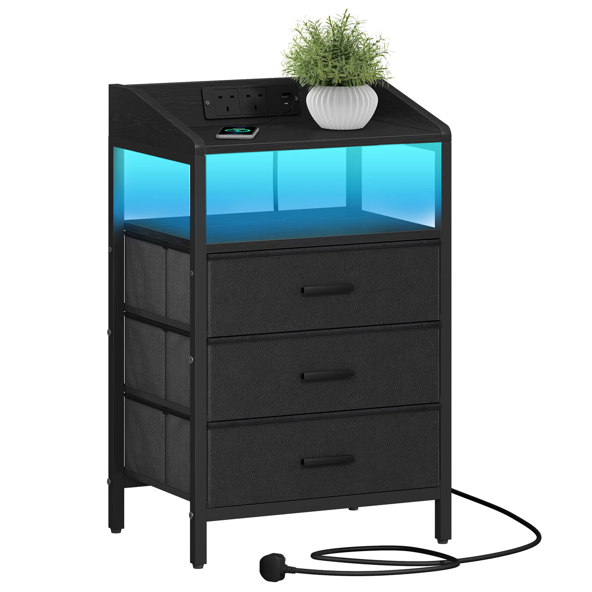 Bedside Table with LED Lights, Charging Station & 3 Fabric Drawers – Black, White or Rustic Brown