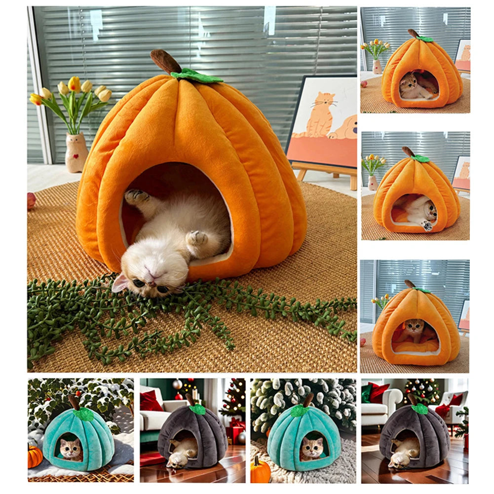 Pumpkin Cat House | Semi-Enclosed Pet Bed | Crystal Velvet | 3 Sizes | 3 Colours