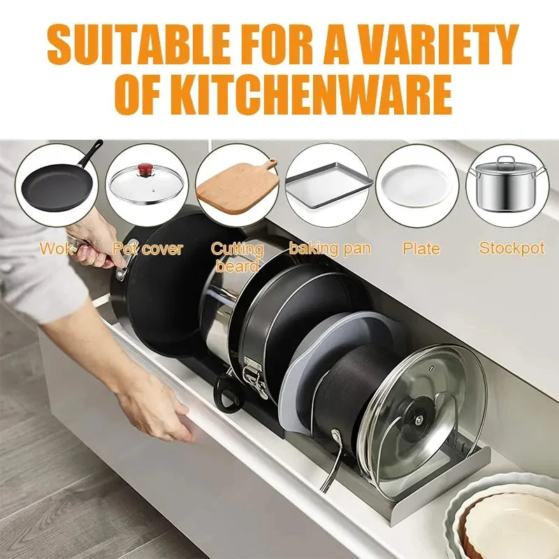 Expandable Pot and Pan Organiser Rack – 7 Adjustable Dividers, Cabinet or Countertop