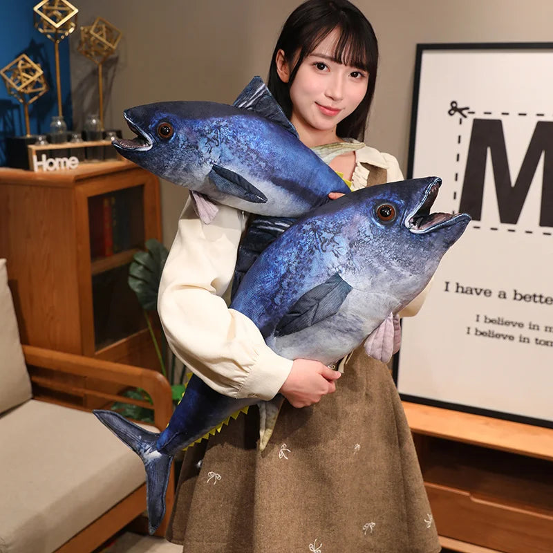 Giant Realistic Bluefin Tuna Plush Pillow | Deep Blue Torpedo Body | Open Mouth, Scale Texture Print & Yellow Finlets | 45–50cm, 70–75cm & 90–95cm