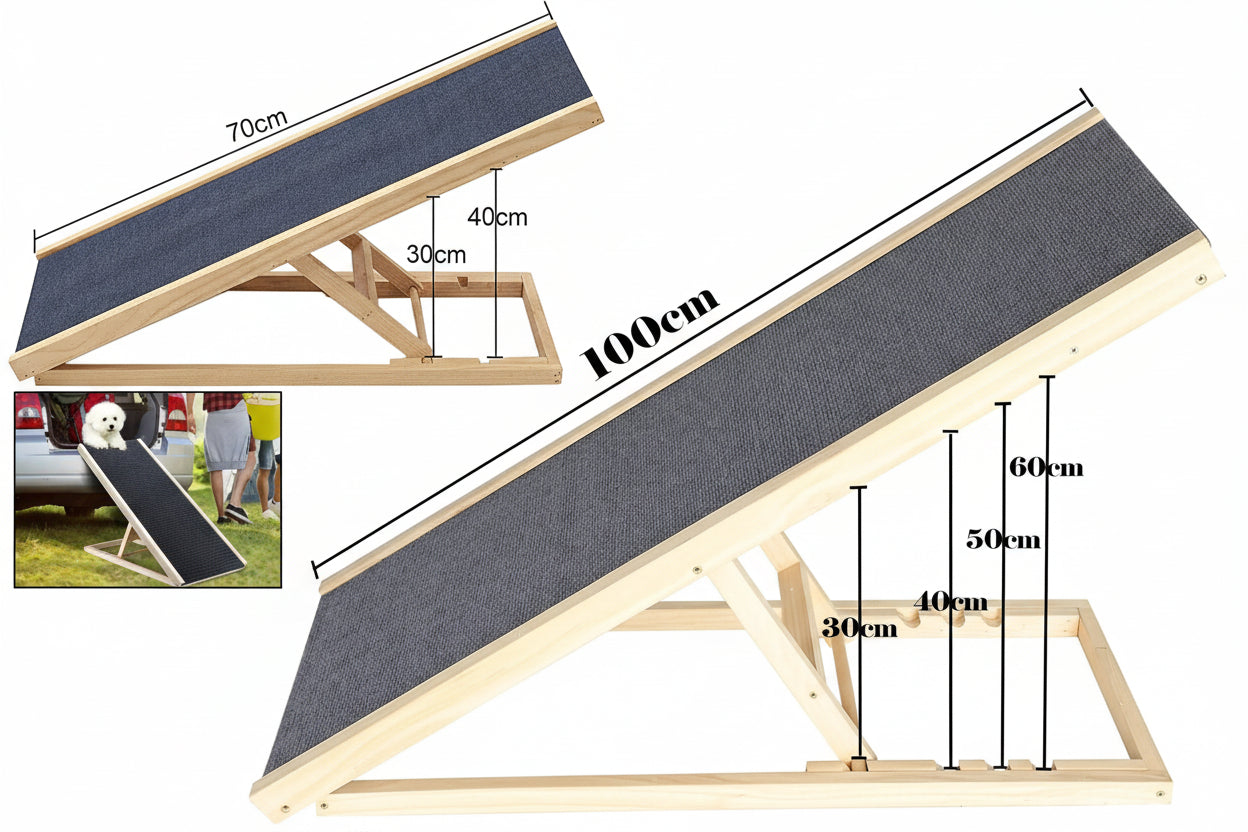 Solid Wood Folding Dog Ramp – Non-Slip Carpet, Height Adjustable, 70cm or 100cm